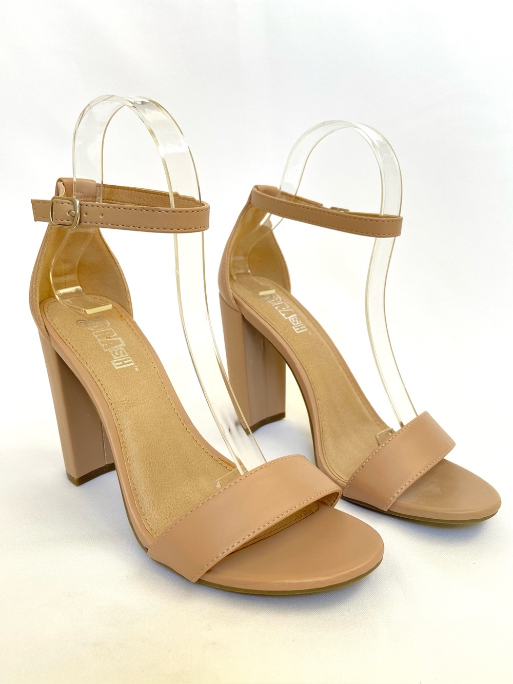 BRASH Nude Ankle Strap Block Heel Sandals Size 6.5 Chunky High Heels Minimalist